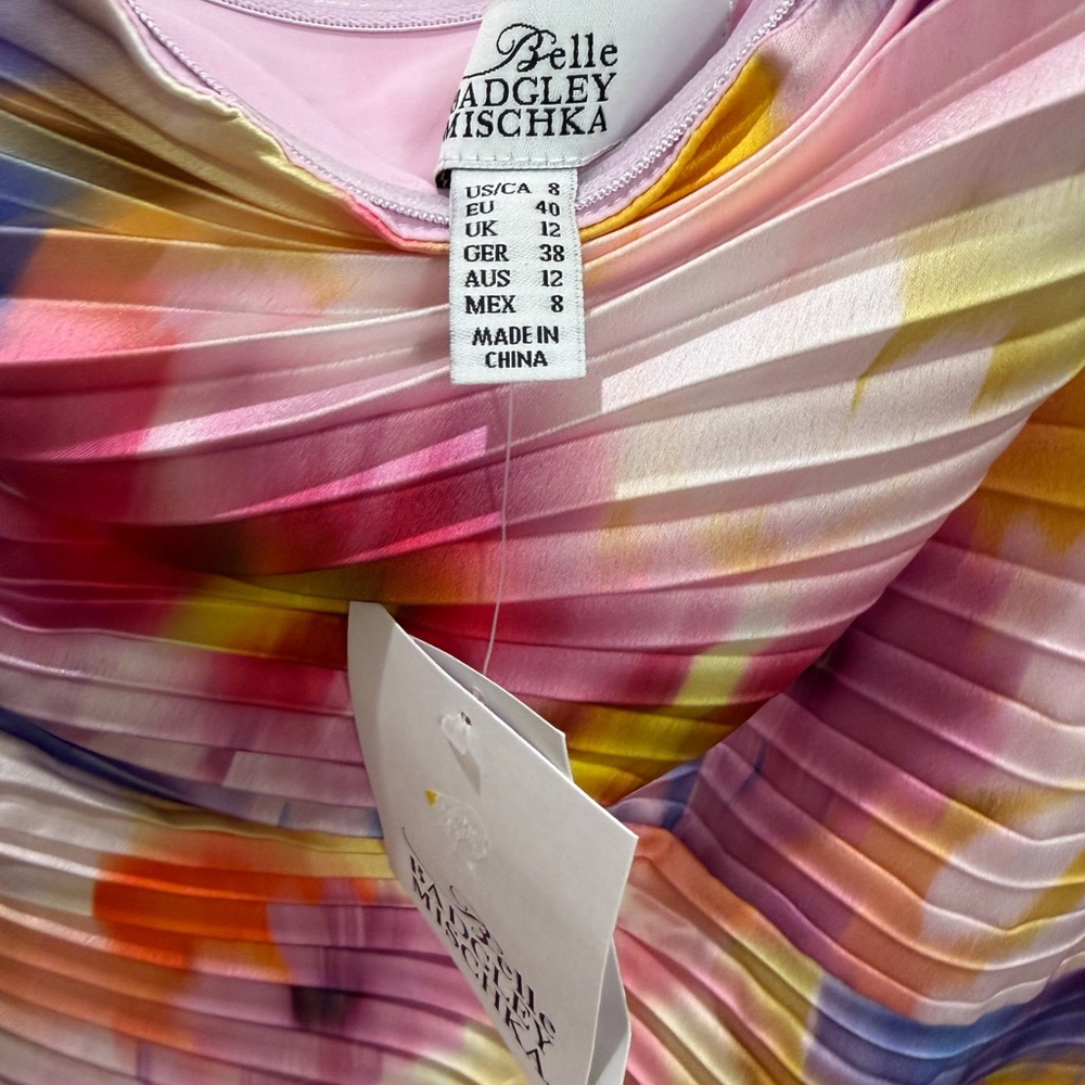 Belle Badgley Mischka Kelsey Accordion Pleat Colorful One Shoulder Dress Nwt 8 - Picture 3 of 5